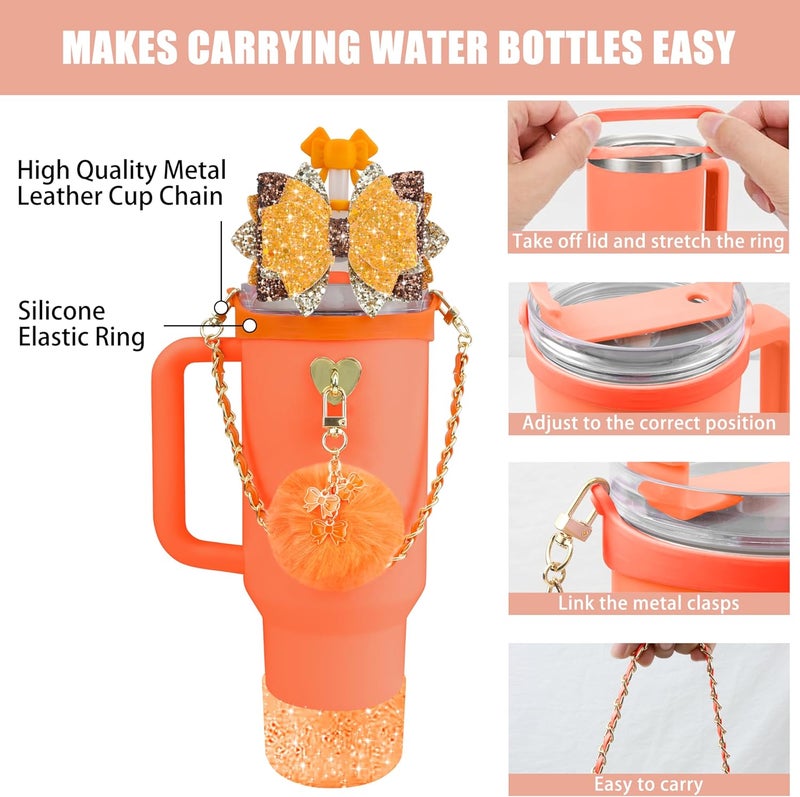 SEMATA Bling Accessories for Stanley Cup 40oz & 30oz Tumbler Including Silicone Cute Bow Straw Topper Cover, Silicone Boot for Stanley Cup,Leather Water Bottle Handle Strap, Charms(Passion Orange) - Image 2